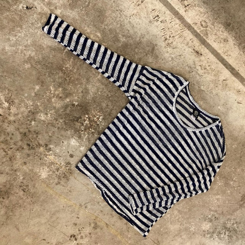 Bobeau Navy and White Mesh Top